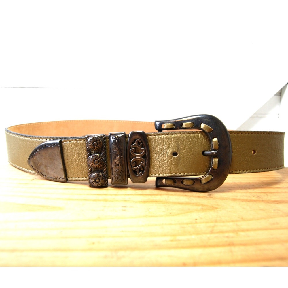 Women's Leather belt Large Streets Ahead Metallic Gold with‎ Silver tone Buckle